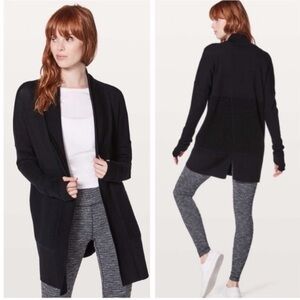 Lululemon Sit In Lotus Wrap Sweater Cardigan Black Merino Wool Wear 2 Ways Sz 10